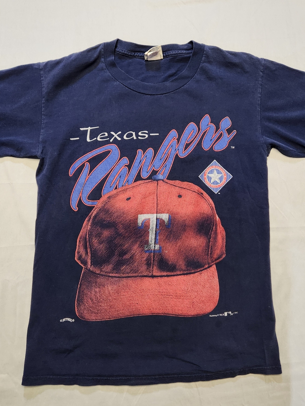 Vintage 1995 Texas Rangers Shirt Mens L Nutmeg Mills MLB Baseball Navy Y2K Faded